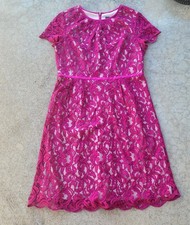 Adrianna Papell Pink Scalloped Lace Overlay Dress Lined Size 16 Short Sleeve