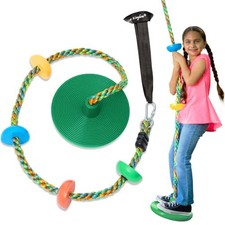Jungle Gym Kingdom Tree Swing for Kids, Disc Seat, Climbing Rope - Green/Brown