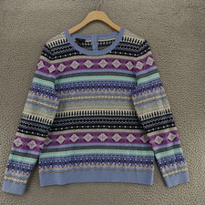 Talbots Sweater Women Medium Petite Blue Multi Fair Isle Lambswool Blend Stretch