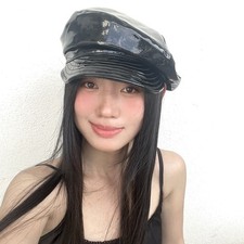 Ladies Black Faux Patent Leather Hat Wet Look Beret Cap Punk Gothic Party Navy