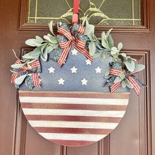 Door Hanger 18 In Round Wood Hand painted Patriotic 4th Of July Ribbon Red White