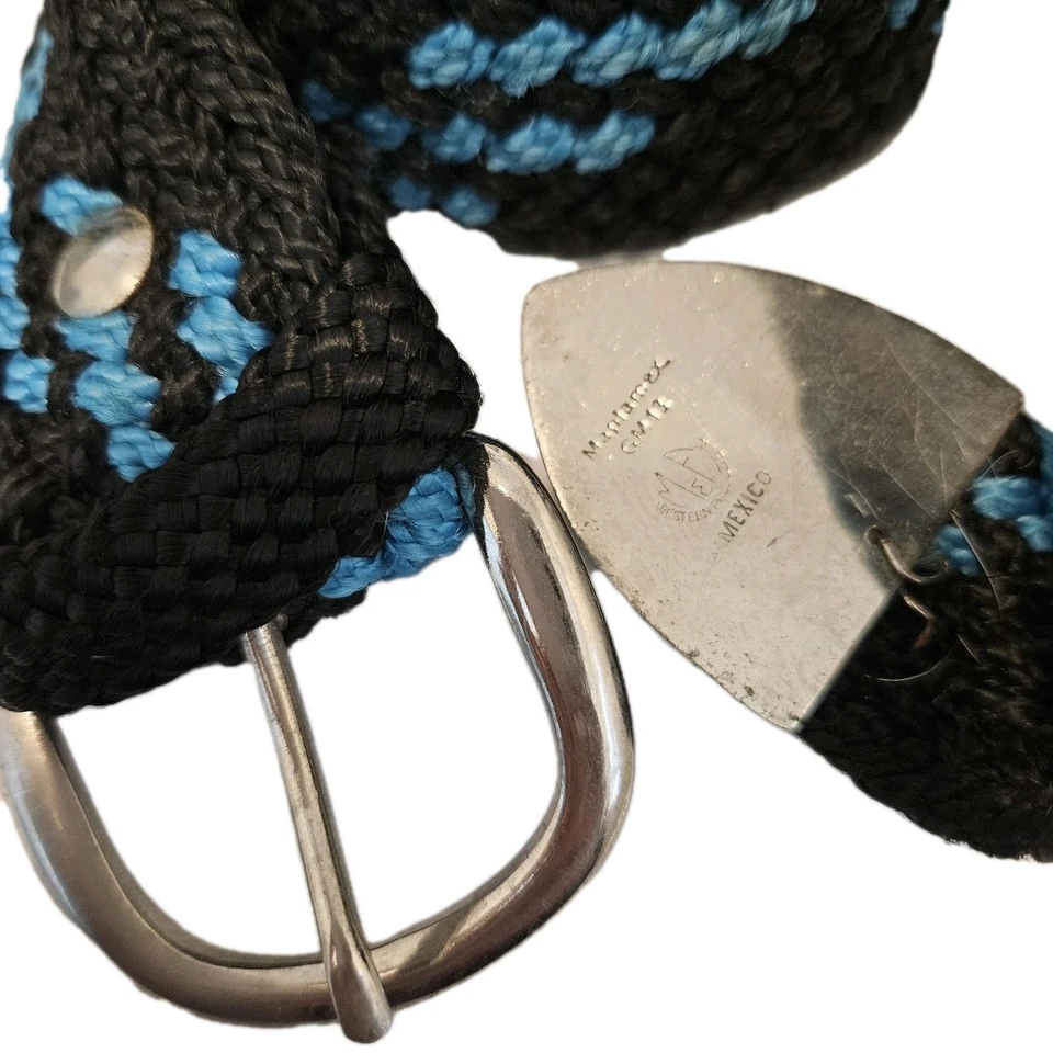 Cinturón tejido occidental vintage Maplamex negro turquesa trenzado nailon hebilla plateada Foto 2 de 4