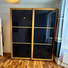 2 Door Sliding Freestanding Wardrobe with 2 Drawers & Shelves, Black/Light