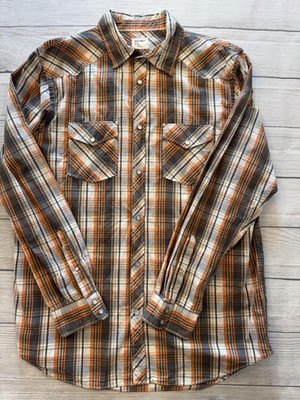 Old Navy Shirt Mens Large Orange Gray Plaid Pearl Snap Western Cowboy Cotton