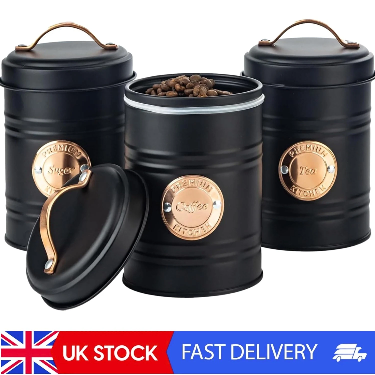 3-Piece Metal Canister Set for Tea Coffee Sugar Kitchen Storage Black Copper