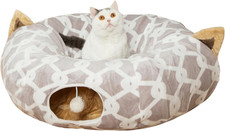Large Cat Tunnel Bed under Christmas Tree with Fluffy Toy Balls, Small Cushion a