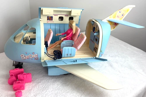Vtg 1999 Mattel Barbie Jumbo Jet Airplane w/ 1999 Barbie and Barbie Luggage (5)