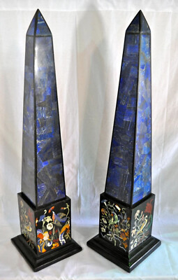 36'' two black Marble Obelisk lapis Pietra Dura Inlay home decor room bird arts