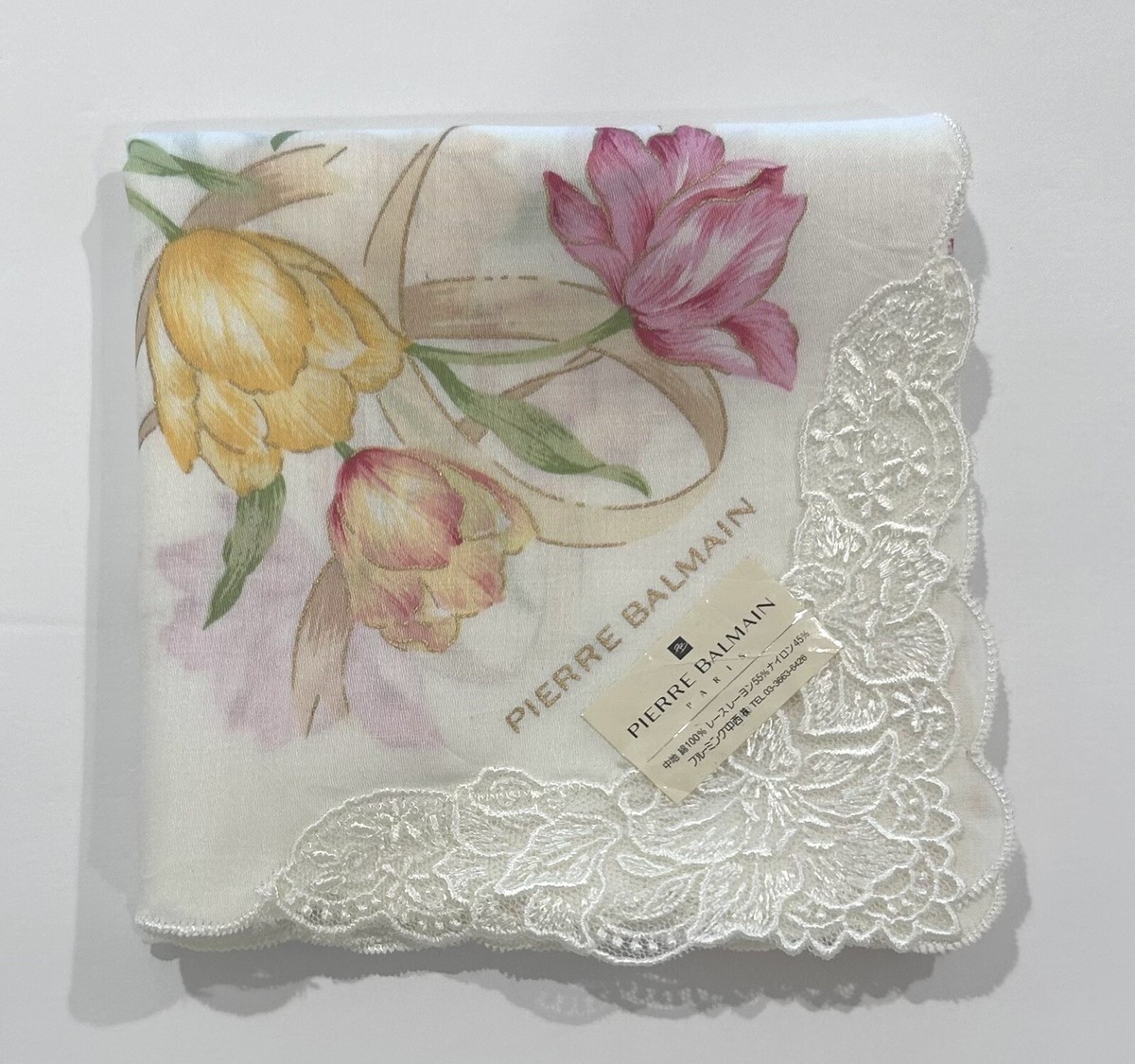 PIERRE BALMAIN 花柄毛布 150×210 cm Vintage Handkerchief Pierre Balmain Floral Tulip Gold Cotton