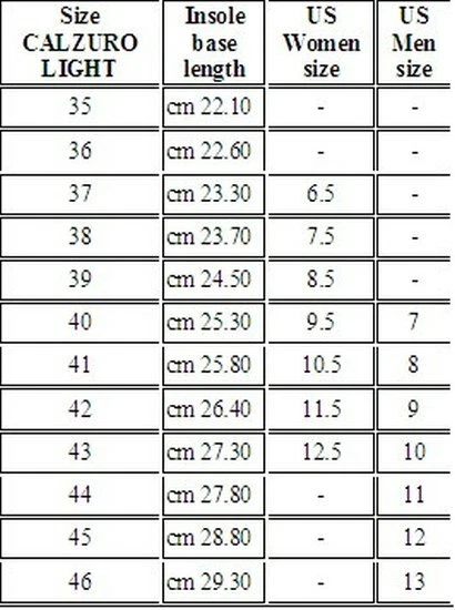 Calzuro size chart sale