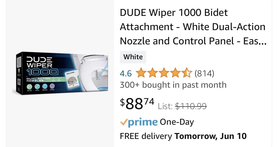 DUDE Wiper 1000 Bidet Attachment White DualAction Nozzle and Control