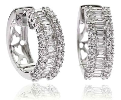 Diamant Huggie Ohrringe Creolen durchbohrt 2,50ct F VS Baguetteschliff 18kt Weißgold
