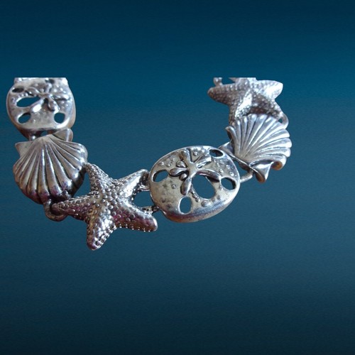 Silver Tone Beach Themed Charm Bracelet 8" Starfish Sand Dollar Seashell - Picture 3 of 5