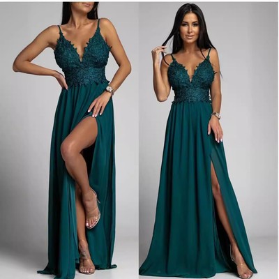 New Summer Women's Pure Color V-Neck Sleeveless Halters Dress Slit Evening Dress