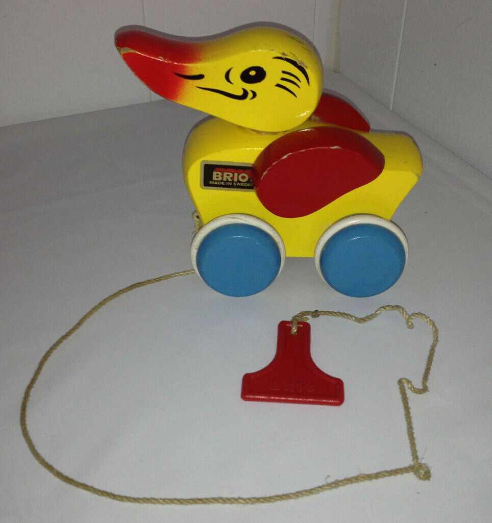 BRIO Yellow Duck Pull Toy 1970's Made in Sweden Vintage Yellow Red