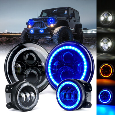 Xprite 7'' Inch 90W LED Headlight & Fog Light Kit Blue Halo for Jeep Wrangler JK