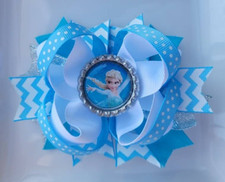 Elsa Frozen Disney Princess Turquoise Blue White Silver Bottle Cap Hair Bow 5"