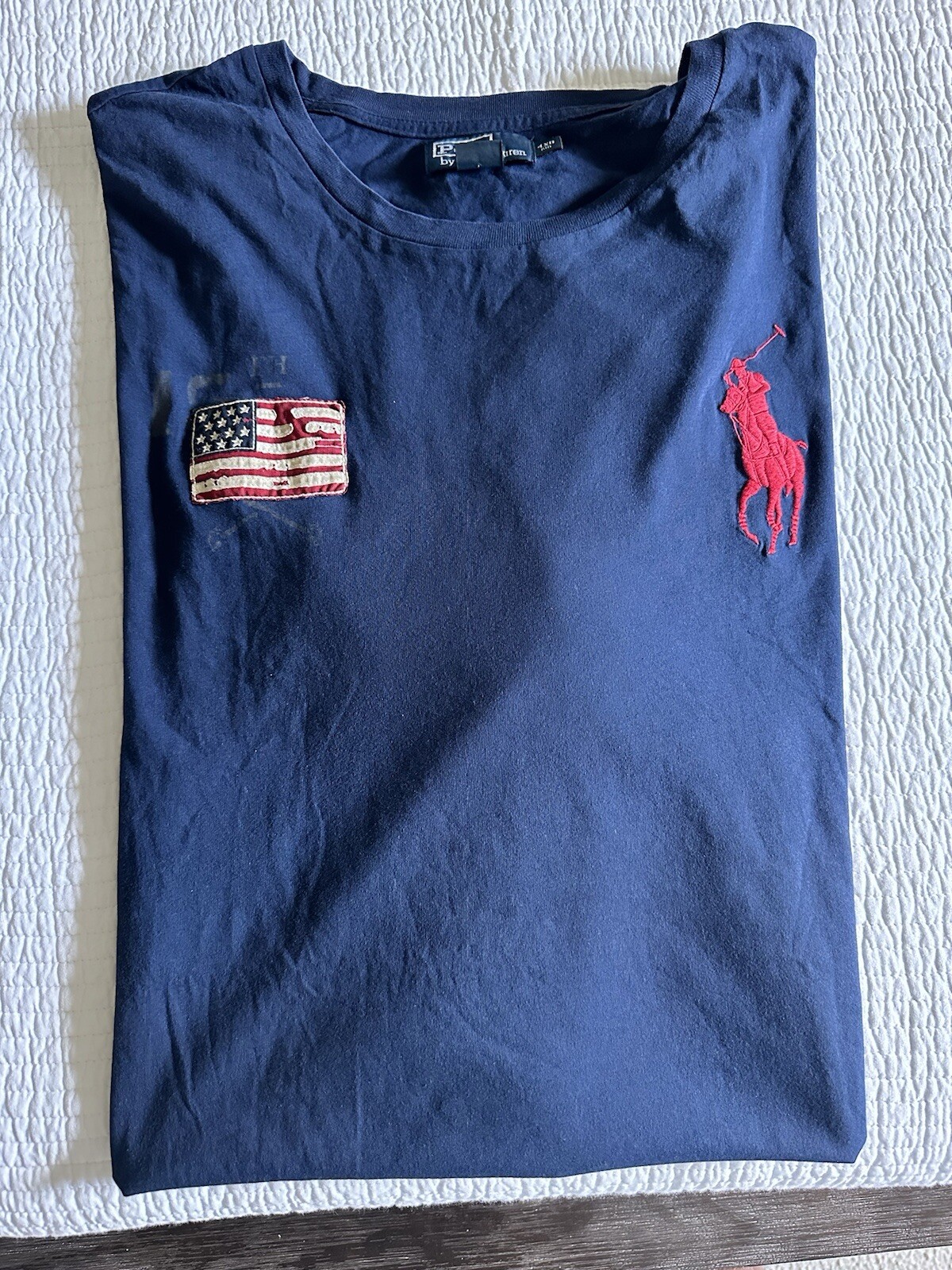 POLO RALPH LAUREN USA Flag Big Pony T Shirt Blu Navy Uomo Taglia 4XB EUC