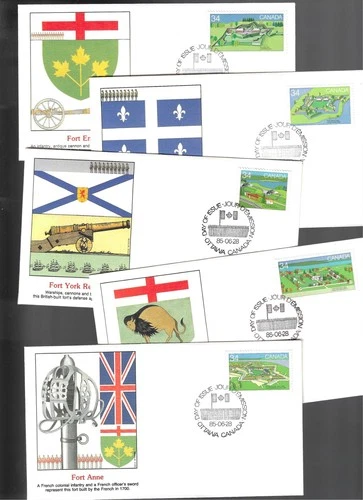 5 1985 Canada Fort Issue FDC's;  Fleetwood cachets; Military