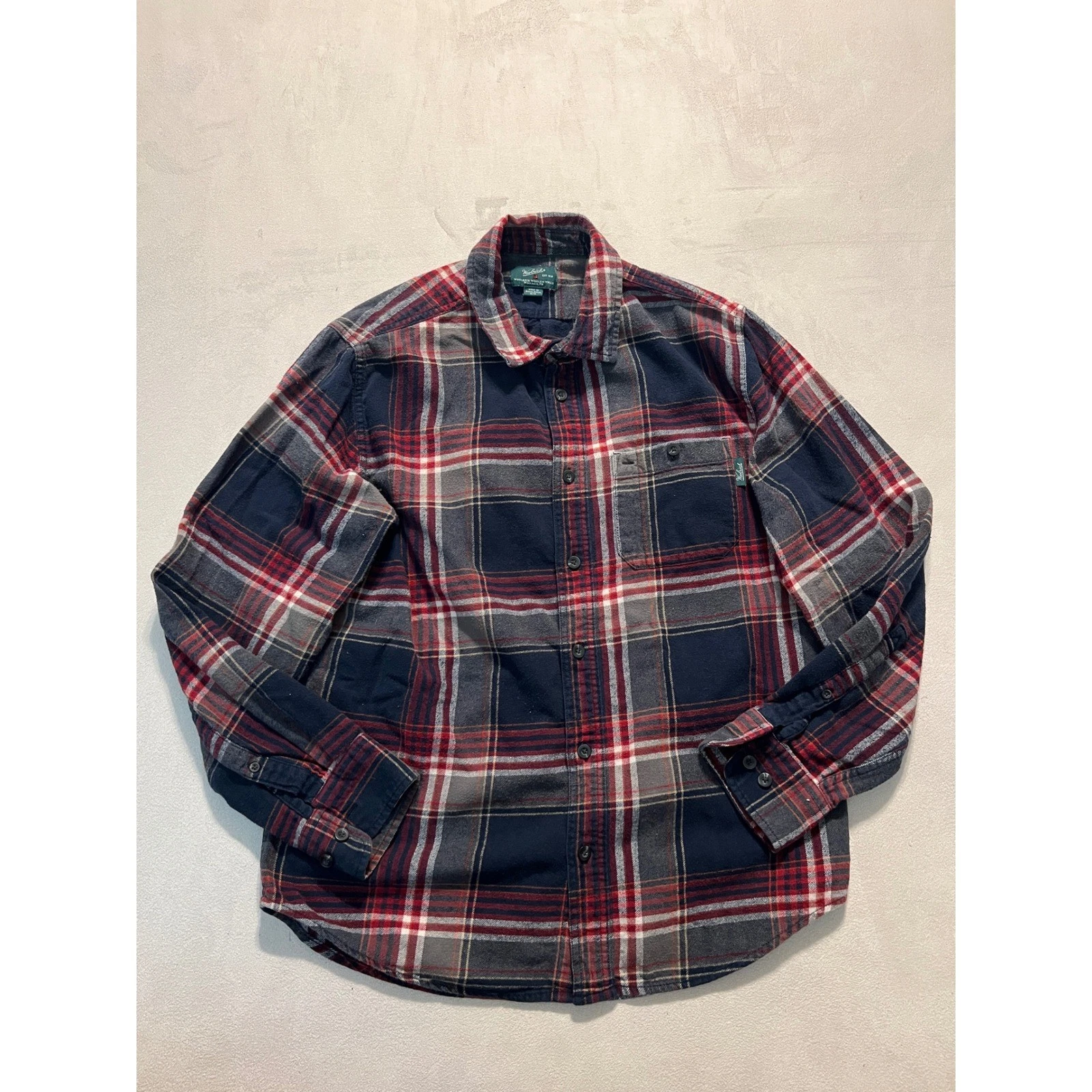 Woolrich Mens Plaid Flannel Shirt Navy Blue Red White Cotton Button Up Medium