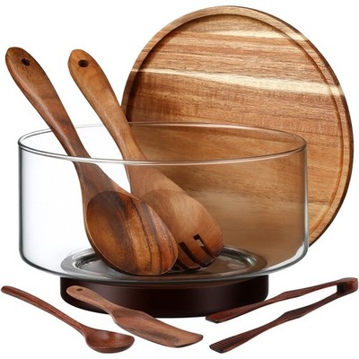 Large Glass Salad Bowl Set, Party Salad Bowl with Acacia Wood Base and Lid as...