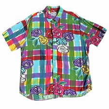 VTG Jams World Men  s Hawaiian Shirt Sz XL Roses Plaid Colorful Rayon Camp Rare