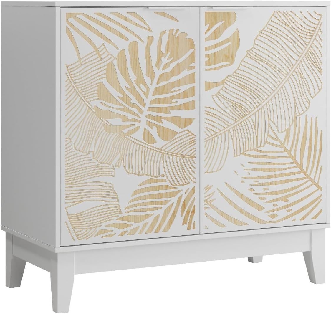 31.5-Inch Rustic Farmhouse Buffet Cabinet with Carved Leaf Details and 2 Storage Doors