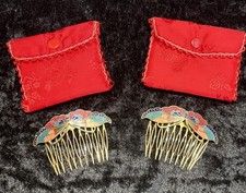 2 Cloisonn Enamel On Metal Hair Combs Gold Tone Floral Butterfly Barrette
