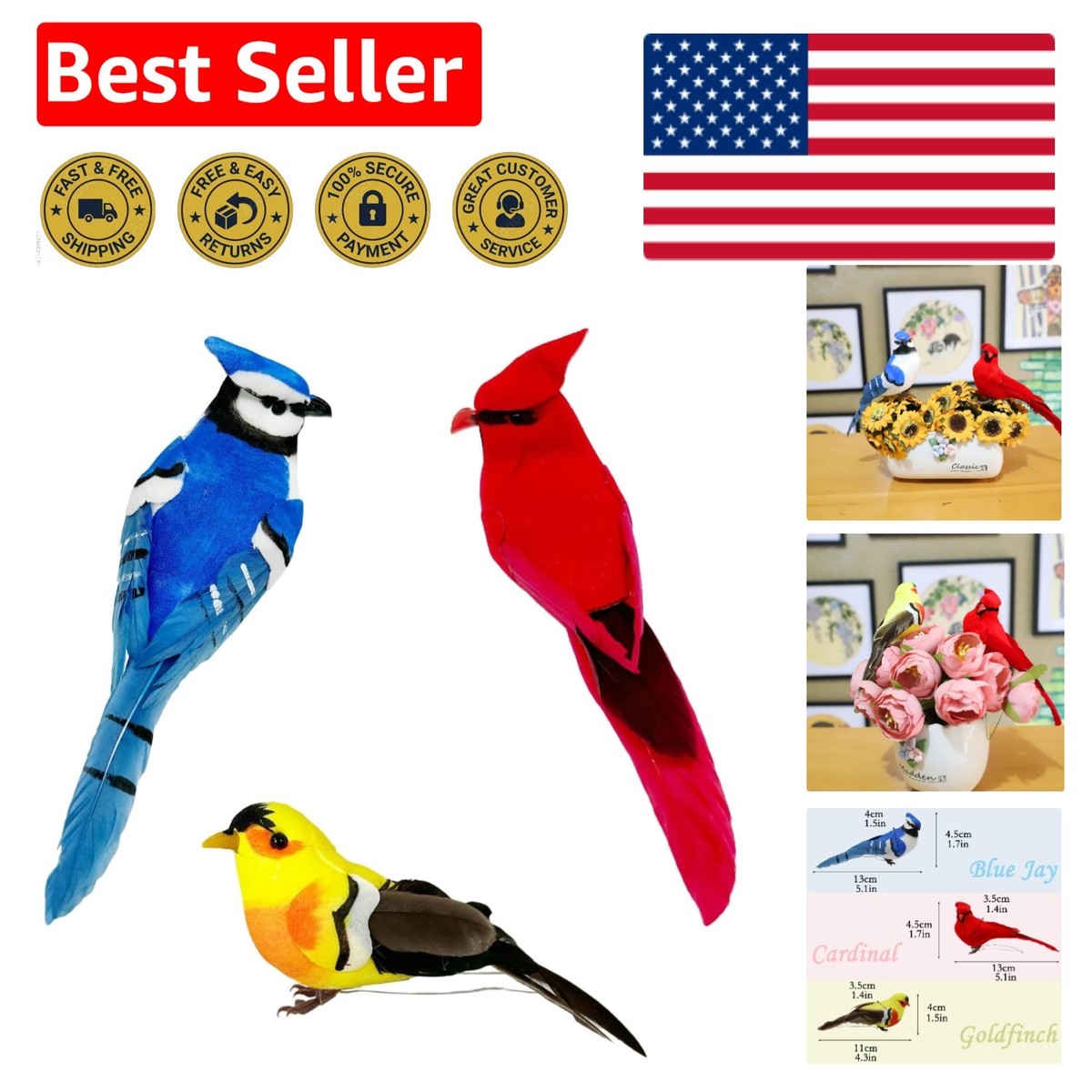 3pcs Realistic Artificial Birds - Cardinal, Blue Jay & Goldfinch