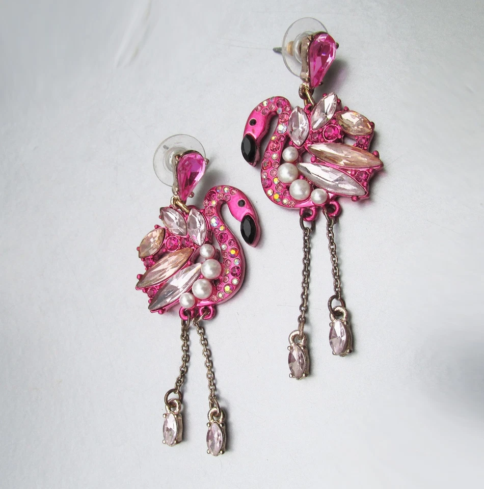 Signed Betsey Johnson FLAMINGO Linear Bejeweled Rhinestone Dangle Earrings - Image 3 of 3
