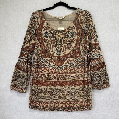 Lucky Brand Shirt Womens Large Rust Boho Peasant Paisley Studded Scoop Tunic