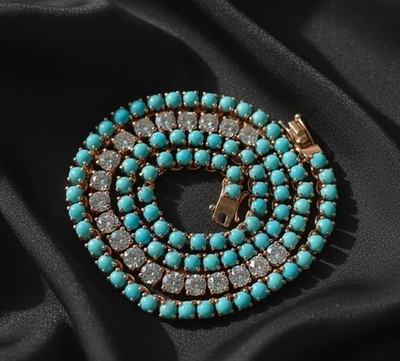Turquoise & Diamond 18K Yellow Gold Over Choker Tennis 16'' Necklace For Women's