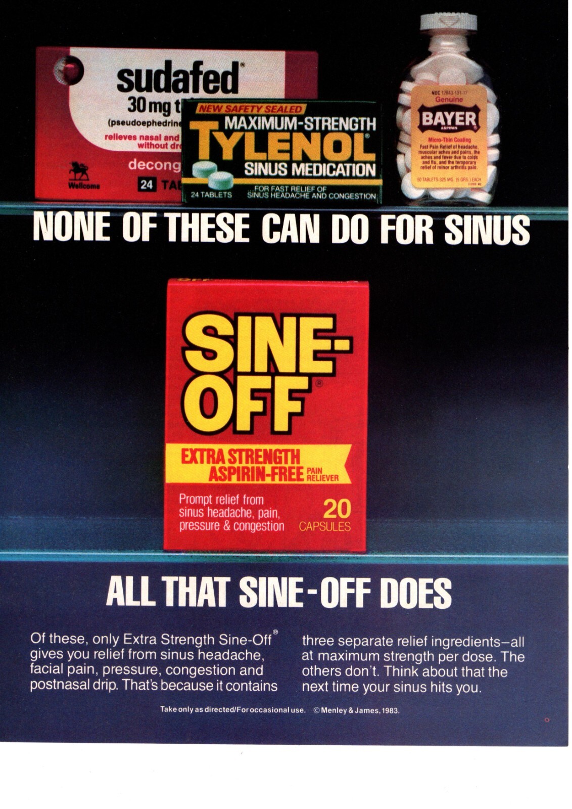 1983 SINEOFF SINUS HEADACHE MEDICINE PRINT AD, CAPSULES, DECONGESTANT