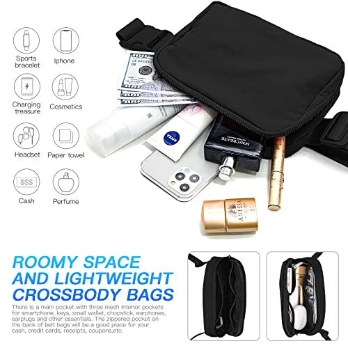 Belt Bag, Crossbody Bags for Women - Soft Nylon Waist Packs for Women, Black