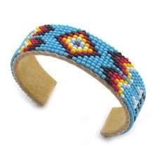 Handcrafted Cyan Blue Seed Bead Bracelet Narrow Hard Cuff Leather