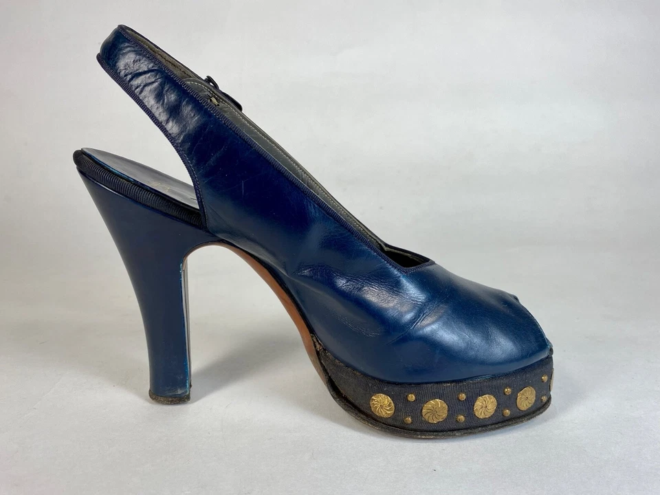 Vintage Años 40 MACKEY STARR Tacones Plataforma Cuero Azul Marino Con Lentejuelas Talla 3.5 Foto 4 de 4