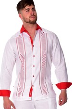 Bohio 100 Linen Fancy Guayabera Shirt for Men in White/Red Embroidered MLFG2032