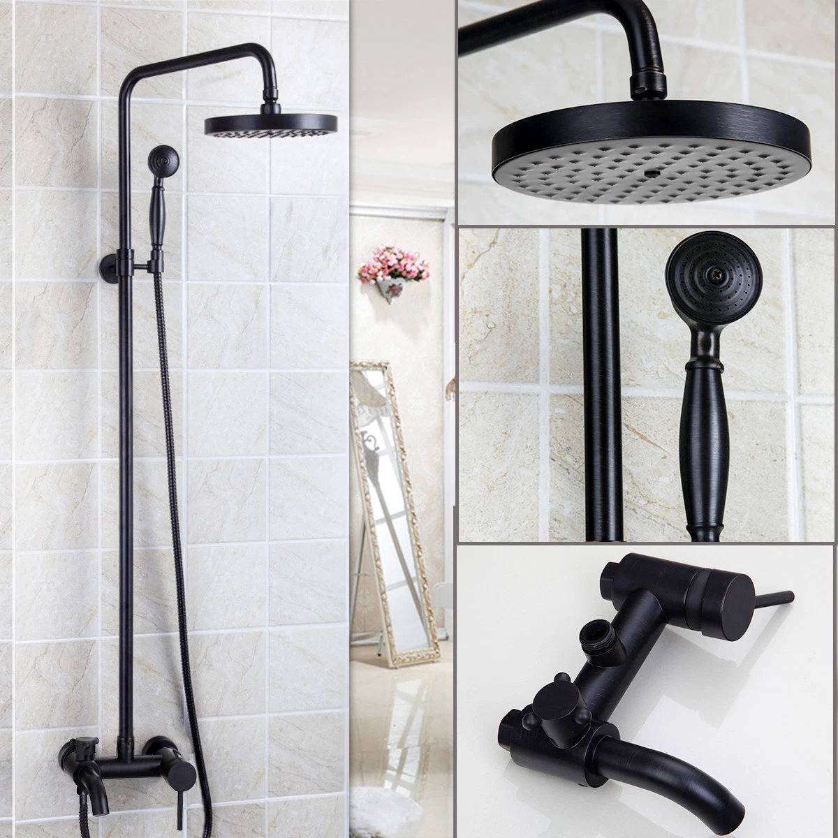 Black Oil Rubbed Bronze Bathroom Rainfall Shower Faucet Set Tub