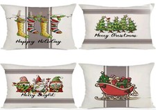 Artmag Christmas Pillow Covers 12x20 Set of 4, Gnomes, Sled, Trees, Stockings