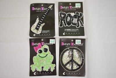 Design Elements Iron On Applique Patches Guitar, Rocker, Peace, Frog LOT of 4