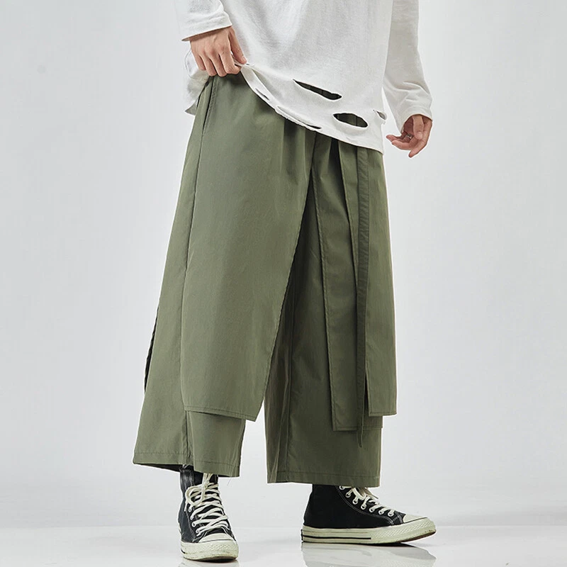 Japanese Fashion Mens Baggy Wide Leg Pants Loose Ninth Pants Casual Trousers  New