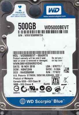 Western Digital WD5000BEVT-00A0RT0 dcm: HBNT2TH Nov 2010 500GB SATA 2.5'' 7209