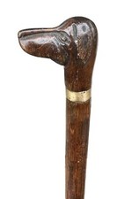 Vintage Antique Carved Wood Dog Head Gold Mount Swagger Knob Walking Stick Cane