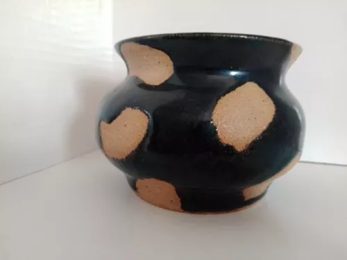 Vintage Dish Bowl Heavy Studio Art Pottery  Signed arts & crafts Black and Tan 