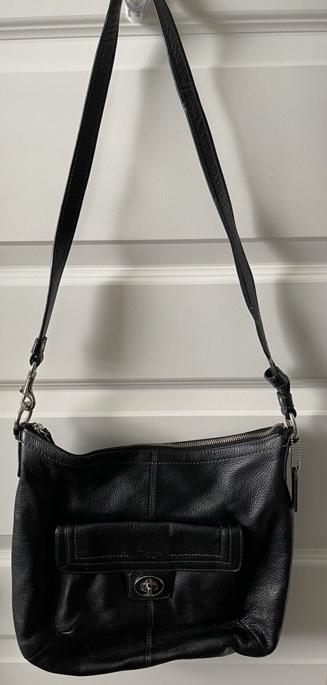 COACH Penelope Woman's Black Pebbled Genuine Leather Shoulder Strap Silver Tone