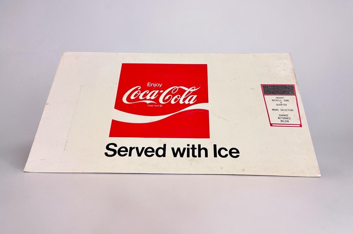 1960s 70s Coca Cola Served With Ice Metal Vending Machine Sign