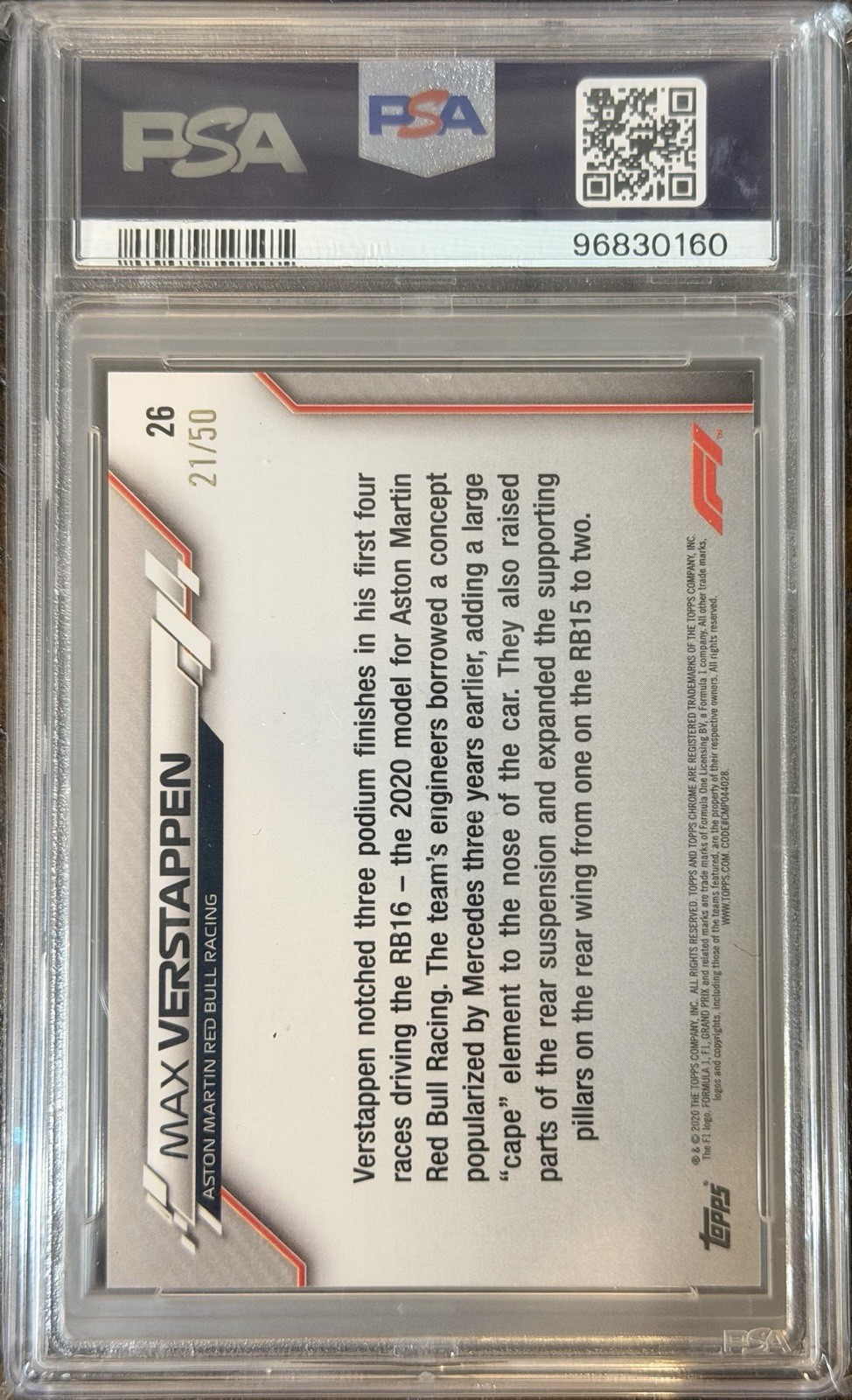 2020 Topps Chrome Max Verstappen #26 Gold Refractor 21/50 PSA 8 view 2