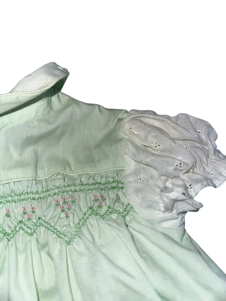 Vestido Vintage Polly Flinders Niña Pequeña Talla 18M Verde Claro Ojales Foto 3 de 4