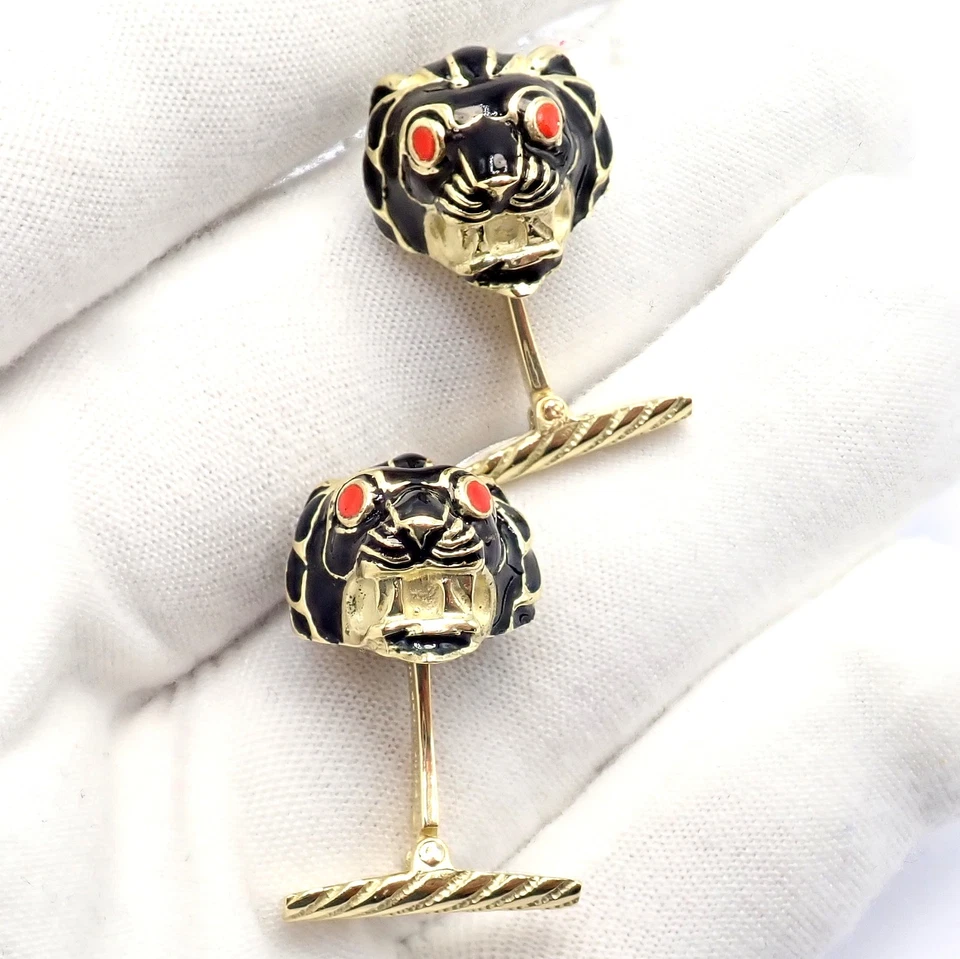 Vintage! David Webb 18k Yellow Gold Black Enamel Lion Cufflinks - Image 3 of 4