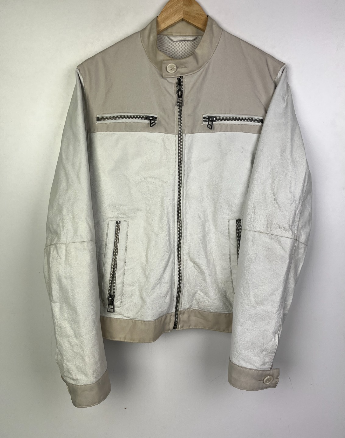 Real Leather Biker Jacket Cafe Racer Size Small 38 EU 48 Mens Off White